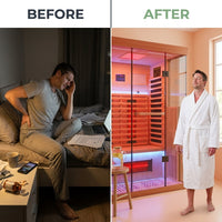 Full Spectrum Infrared Sauna，1-2 Person Home Sauna，Wooden Canadian Hemlock Indoor Spa Sauna with Resonance Speaker, Panoramic Tempered Glass Door — Before & After