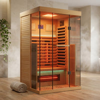 Full Spectrum Infrared Sauna，1-2 Person Home Sauna，Wooden Canadian Hemlock Indoor Spa Sauna with Resonance Speaker, Panoramic Tempered Glass Door — Studio Shot