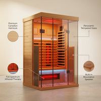 Full Spectrum Infrared Sauna，1-2 Person Home Sauna，Wooden Canadian Hemlock Indoor Spa Sauna with Resonance Speaker, Panoramic Tempered Glass Door — infographic