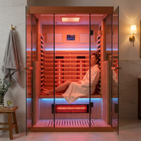 Full Spectrum Infrared Sauna，1-2 Person Home Sauna，Wooden Canadian Hemlock Indoor Spa Sauna with Resonance Speaker, Panoramic Tempered Glass Door — Lifestyle
